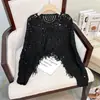 Estilo Étnico Retro Cuello Redondo Borla Ganchillo Calado Manga Murciélago Suéter Corto Prendas de Punto Blusa Top Casual para Mujer