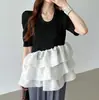 Top de punto patchwork estilo japonés con volantes de satén, manga corta abullonada, cuello redondo, blusa de capas adelgazante