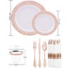 70, 175, 350 Piezas de Platos Desechables para Cena de Plástico Duro PS con Platos Huecos Bordados en Dorado, Copas de Vino Plateadas, Cuchillos, Tenedores, Cucharas y Anillos de Papel