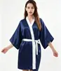 Camisola Curta Cor Sólida com Contraste Estilo Comércio Exterior para Mulheres, Kimono de Seda Sintética, Cardigã Fino Sexy para Dormir, Cetim