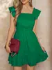 Vestido de Verano Nuevo Color Puro Cuello Redondo Manga Corta Falda de Pastel Plisada Falda Línea A Casual Amazon Europeo y Americano 2025