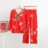 Traje de Pijama de Terciopelo Alemán para Mujer Otoño e Invierno Estilo Nacional Estilo Occidental Hebilla Estilo Étnico Chino Estampado de Año Nuevo Holgado Ropa de Casa