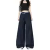 Pantalones de traje de verano finos azul marino de doble cintura con retazos a cuadros para mujer, versátiles, estilo americano, holgados, con caída, pierna ancha, casuales
