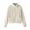 350g Terciopelo de Doble Cara Parche de Bolsillo Patchwork Cuello Alto Cardigan con Cremallera Moda Casual Versátil Elegante Chaqueta para Mujer