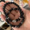 Pulseira Masculina Transfronteiriça de Pedra Vulcânica Nova Hematita Fosca Preta Ajuste Micro-cravejado Crânio Elástico Joias