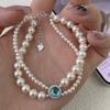 Pulsera de plata de ley S925 con perlas de agua dulce y aguamarina para mujer, ligera, de lujo, de alta gama, con cadena de clavícula de doble capa, estilo Ins