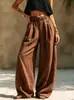 Calça Nova Estilo Europeu e Americano para Primavera e Outono 2026 Feminina, Cor Sólida, Moderna, Casual, Solta, Versátil, com Bolsos e Cintura Elástica