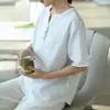 Deer & an Di Verão Novo Algodão e Linho Roupas Femininas Ramie Algodão Gola V Manga Curta Camiseta para Mulheres, Top Soltinho e Respirável para o Dia a Dia
