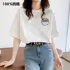 Nueva Camiseta de Algodón Puro de Manga Corta para Mujer 2025, Top Versátil de Verano con Estampado, Hombro Normal, Corte Holgado, Cuello Redondo, Ropa Interior, Estilo Coreano Ins