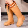 Botas de lluvia de moda engrosadas para mujer con puños elásticos, antideslizantes, de caña alta, talla de adulto, adecuadas para uso en la cocina, cálidas e impermeables