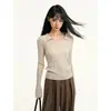 Camisa base de punto para mujer estilo coreano, cuello polo, manga larga, corte ajustado, hermoso top morado taro para principios de otoño