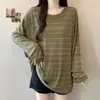 Roupas femininas plus size: simples e estiloso, versátil, casual e descontraído, top de camiseta listrada com design único, camisa de proteção solar de corte solto
