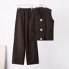 Traje de Dos Piezas de Punto para Mujer de Verano, Estilo Europeo y Americano, Chaleco de Punto Dorado con Botones y Cuello en V, Pantalones Casuales Sueltos