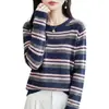 Suéter de punto con cuello redondo, rayas de bloques de color y lentejuelas, manga larga casual para mujer, versátil, corte holgado, suéter de capa interior para otoño/invierno