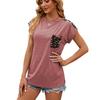 Camiseta informal con cuello redondo y manga corta con estampado de leopardo y bolsillo en el hombro para mujer, ropa transfronteriza de comercio exterior europeo y americano de Amazon, 2024