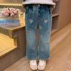 Jeans de Menina Primavera e Outono 2025 Novo Elegante Infantil Fashionável Bebê Menina Primavera Calças Retas de Perna Larga Calças Compridas