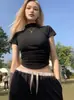 Estilo Corto de Verano Hombro Derecho Aspecto Adelgazante Camiseta de Manga Corta para Mujer con Atmósfera de Pura Pasión Cintura Alta Ombligo Expuesto Dulce y Picante Top Ajustado