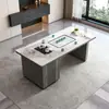 Conjunto de mesa de centro e cadeiras em pedra sinterizada de luxo leve, adequado para escritório, varanda ou uso doméstico; mesa de chá pequena moderna com chaleira de água integrada e estação de chá em pedra