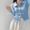 Top de Malha Feminino Novo Primavera Menina Quente Slim Curto Design de Manga Longa Zíper Suéter Cardigã Base Branco