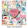 51 adesivos de desenho animado de música, adesivos criativos de grafite em inglês para decoração à prova d'água, adesivos para celular, agenda manual, goo card