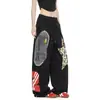 Pantalones deportivos gruesos de algodón con estampado color block estilo callejero americano para mujer, corte holgado, adelgazantes, pantalones casuales rectos de pierna ancha negros