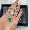Pulsera con Incrustaciones de Calcedonia Verde Hielo Plateada, Pulsera Cabujón, Pulsera Ajustable, Suministro para Transmisión en Vivo de Jade y Jadeíta