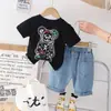 Nueva Camiseta de Manga Corta Infantil de Dibujos Animados con Cuello Redondo Traje de Mezclilla Ropa para Niños de 0 a 5 Años Venta al por Mayor Ropa de Verano para Niños Pequeños y Medianos