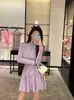 Conjunto de Duas Peças Cardigã de Tricô Pequeno Perfumado Roxo com Saia Outono e Inverno Novo Traje Estilo Filha Rica Francesa para Mulheres