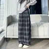 Pantalones largos casuales de cuadros retro para mujer, nuevos pantalones rectos de pierna ancha adelgazantes de cintura alta para otoño, estilo de alta calle americano, pantalones de longitud de piso