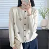 Cardigã de tricô com mangas compridas para mulheres, primavera e outono, com bordado de coala e acabamento jacquard, versátil e quente, jaqueta suéter de gola redonda