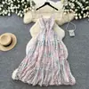 Vestido Longo Estilo Resort com Decote V e Alças Finas para Mulheres, Verão Estilo Coreano Sem Mangas Sexy Estampado Emagrecedor na Cintura