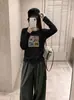 Nueva camiseta de algodón elástico de manga larga para mujer, peso 220g, para principios de otoño, con estampado digital directo, cuello redondo y tejido de algodón elástico, perfecta como capa interior o básica.