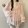 Blusa de Gasa Holgada de Manga Larga con Escote en V y Patchwork de Encaje Pesado Estilo Francés con Tirantes para Mujer, Nuevo Conjunto de Moda Primavera 2026