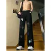 Jeans negros rotos y adornados con pedrería, con estampado de cruces para hombre, de pierna recta modernos, ligeramente acampanados, largos, rotos y adornados con pedrería