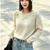 Bordado Floral Lantejoulas Gola Redonda Tricô Feminino 2026 Outono Inverno Novo Estilo Preguiçoso Solto Suéter Top Macio Fofo