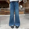 Meninas 2026 Estilo Coreano Estilo Acadêmico Cinza Gola Polo Tricô Conjunto de Duas Peças Moletom Crianças Médias e Grandes Jeans Flare