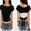 Camiseta de verano coreana dulce y ajustada con lazo en la espalda, empalme de encaje y top de manga corta hueco al por mayor
