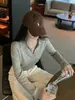 Suéter elegante y discreto, tejido de punto con cuello polo estilo "old money" para mujer, top casual y relajado de manga larga con cuello en V