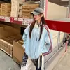 Sudadera con Capucha y Cardigan de Punto Gofrado de Color Contrastante con Rayas Azules para Hombre y Mujer Otoño Estilo Americano Tres Rayas Cuello Alto Ropa Deportiva Chaqueta de Pareja