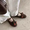 Zapatos Mary Jane con Bloques de Color y Borlas para Mujer, Zapatos Planos Nuevos con Interior y Exterior Completamente de Cuero, Cuero Genuino, Correa Única, Punta Redonda, Zapatos de Boca Baja para Mujer