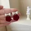 Pendientes de Lazo Rojo Rosa Estilo Hong Kong Vintage Año Nuevo 2022 Nuevos Pendientes para Mujer Elegantes Dulces Pinzas para Orejas