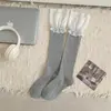 Meias de bezerro marrom melardo para mulheres, meias brancas com babados, algodão puro para primavera e outono, meias longas para botas com acabamento de renda da moda
