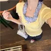 Camiseta Renda Manga Curta Falsa Duas Peças Estilo Retrô Americano para Mulheres no Verão, Estilo Doce e Picante, Efeito Emagrecedor, Top Curto Estilo BM, Tendência