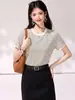 Nova camisa de verão listrada de manga curta para mulheres, casual e com caimento solto, gola redonda, ombro normal, top na cor damasco