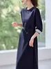 Vestido Nuevo Estilo Primavera 2026 con Cuello Redondo, Puños Rayados, Lazo para Cintura, Estilo Ol Elegante, Vestido Largo Adelgazante para Mujer