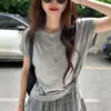 Camiseta Amarilla de Manga Corta con Hombro Derecho para Mujer en Verano, Estilo Corto Asimétrico, Cintura Ceñida y Top de Cinta