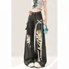 Vibe High Street Retro Lavado Pantalones de Tiro Alto Pierna Ancha Street Punk Americano Cordones Negros Jeans de Trabajo Desgastados
