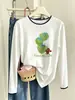 Camiseta de manga larga con cuello redondo, estilo commuter moderno, tipo dos piezas, para mujer, de algodón puro, en blanco, estilo coreano, simple, casual y versátil.