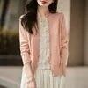 Elegante cárdigan de punto de lana con cuello en V, estilo dos piezas falsas, para mujer, con ribete de encaje y diseño calado, abrigo suéter de corte holgado