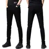 Jeans pretos de alta qualidade de Hong Kong para homens, novos para primavera/verão, corte slim, com stretch, versáteis para business casual, calças compridas